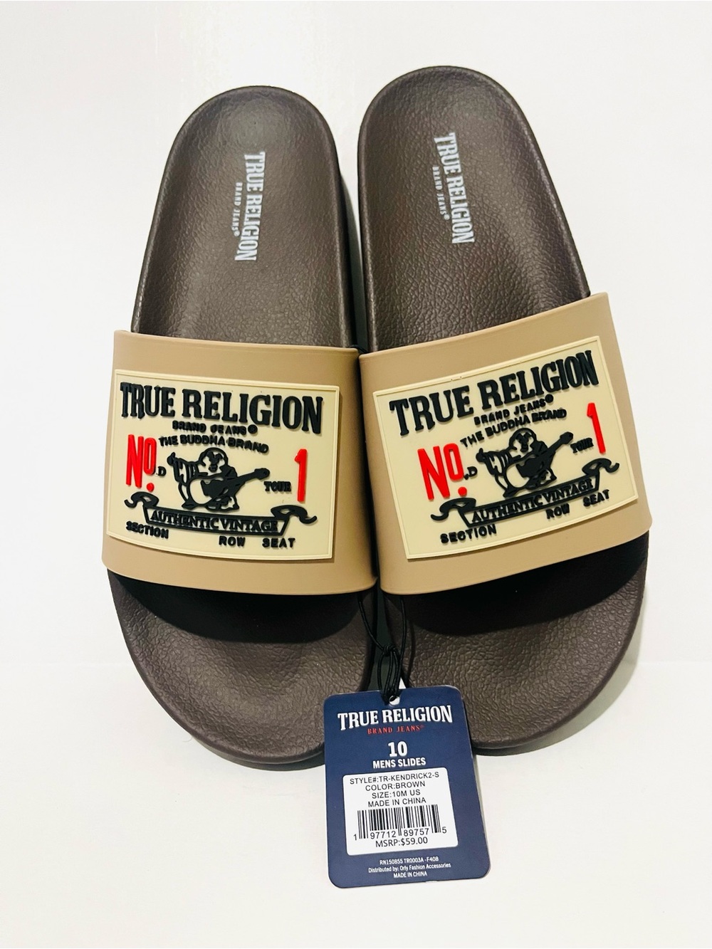True Religion Brown and Tan Logo Slide Sandals